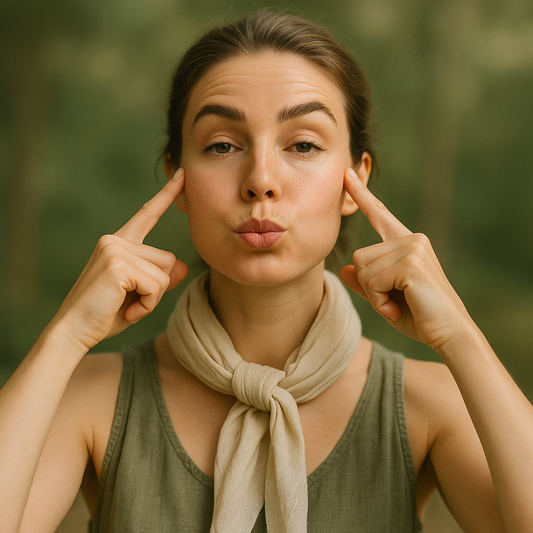 Woman doing face yoga for acne relief in natural light – toxin-free skincare concept