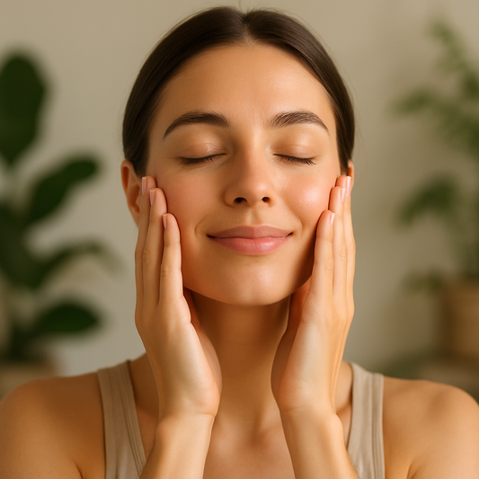 Woman gently pressing her cheeks with both hands, eyes closed, practicing a soothing face care and relaxation routine.