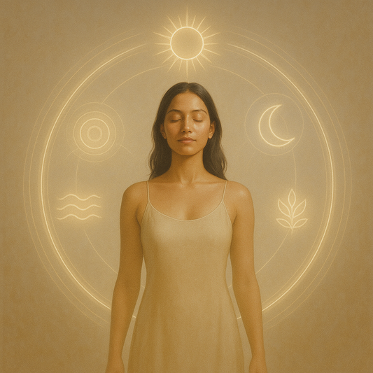 Woman standing peacefully with eyes closed, surrounded by symbolic elements of sun, moon, and nature, representing balance, inner calm, and holistic well-being.