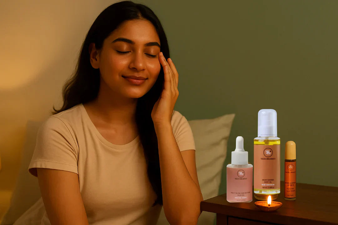 Woman gently massaging her face during a nighttime self-care ritual, seated beside a candle and skincare products in a warm, relaxing bedroom setting.