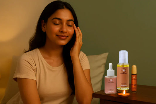 Woman gently massaging her face during a nighttime self-care ritual, seated beside a candle and skincare products in a warm, relaxing bedroom setting.