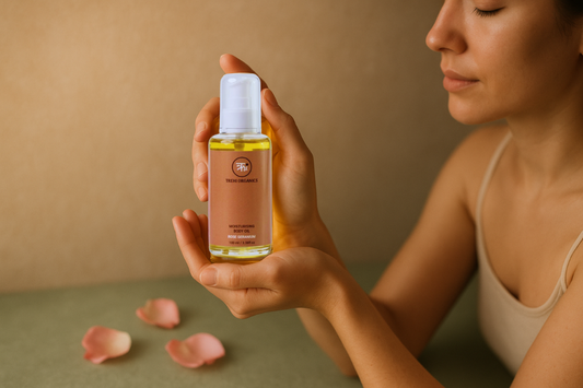 Woman holding Trehi Organics Rose Geranium moisturising body oil in her hands, highlighting a gentle self-care ritual for skin nourishment and relaxation.