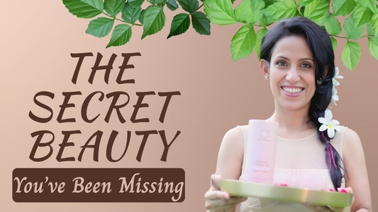 Smiling Indian woman holding a tray with Trehi Organics skincare product, surrounded by fresh green leaves, with the text ‘The Secret Beauty You’ve Been Missing’ on a soft beige background.