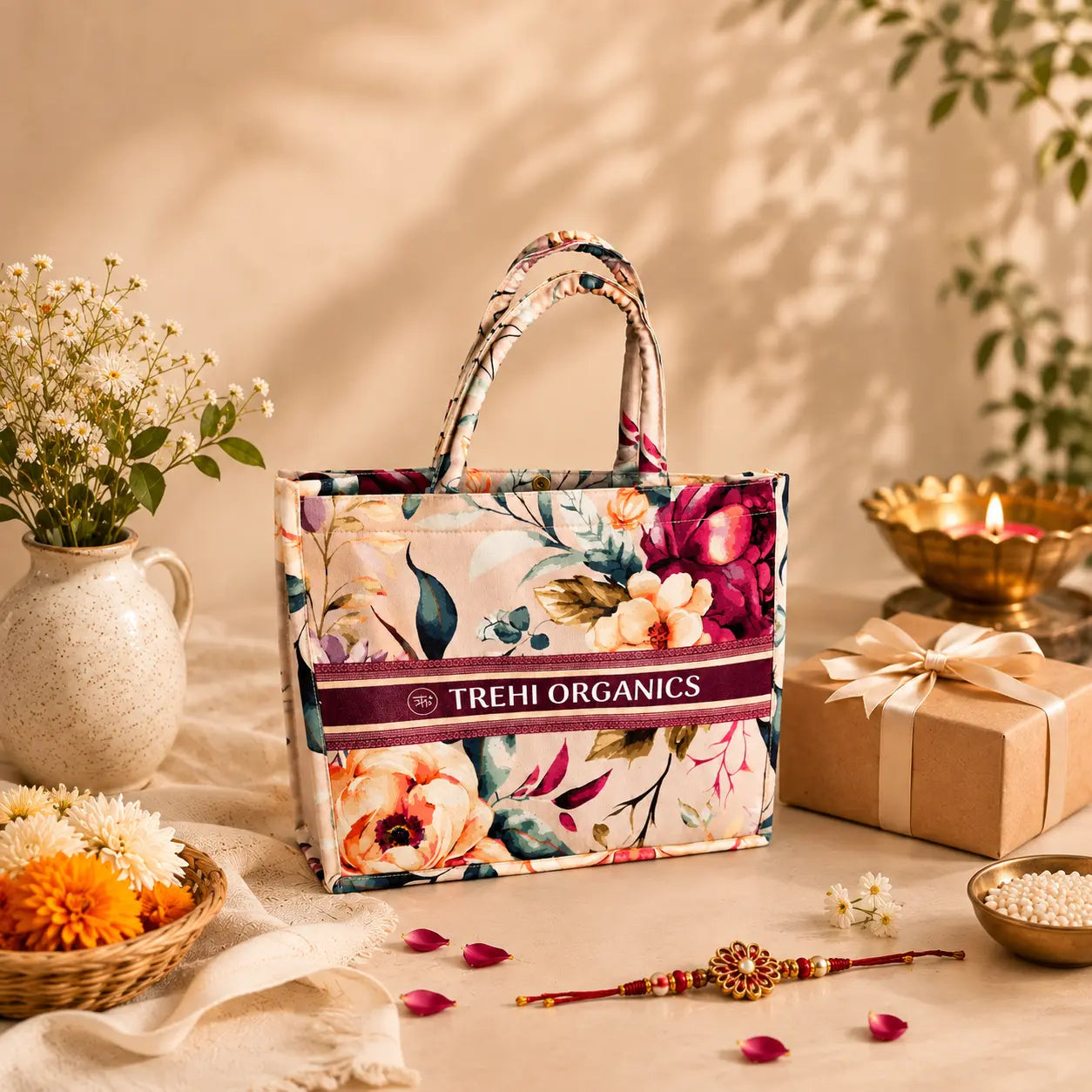 Trehi Organics Floral Gifting Tote — Cotton Canvas Bag for Gift Sets, Everyday Carry and Travel