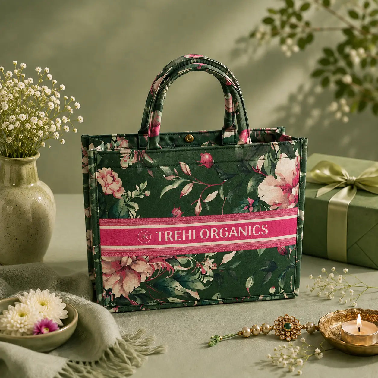 Trehi Organics Floral Gifting Tote — Cotton Canvas Bag for Gift Sets, Everyday Carry and Travel