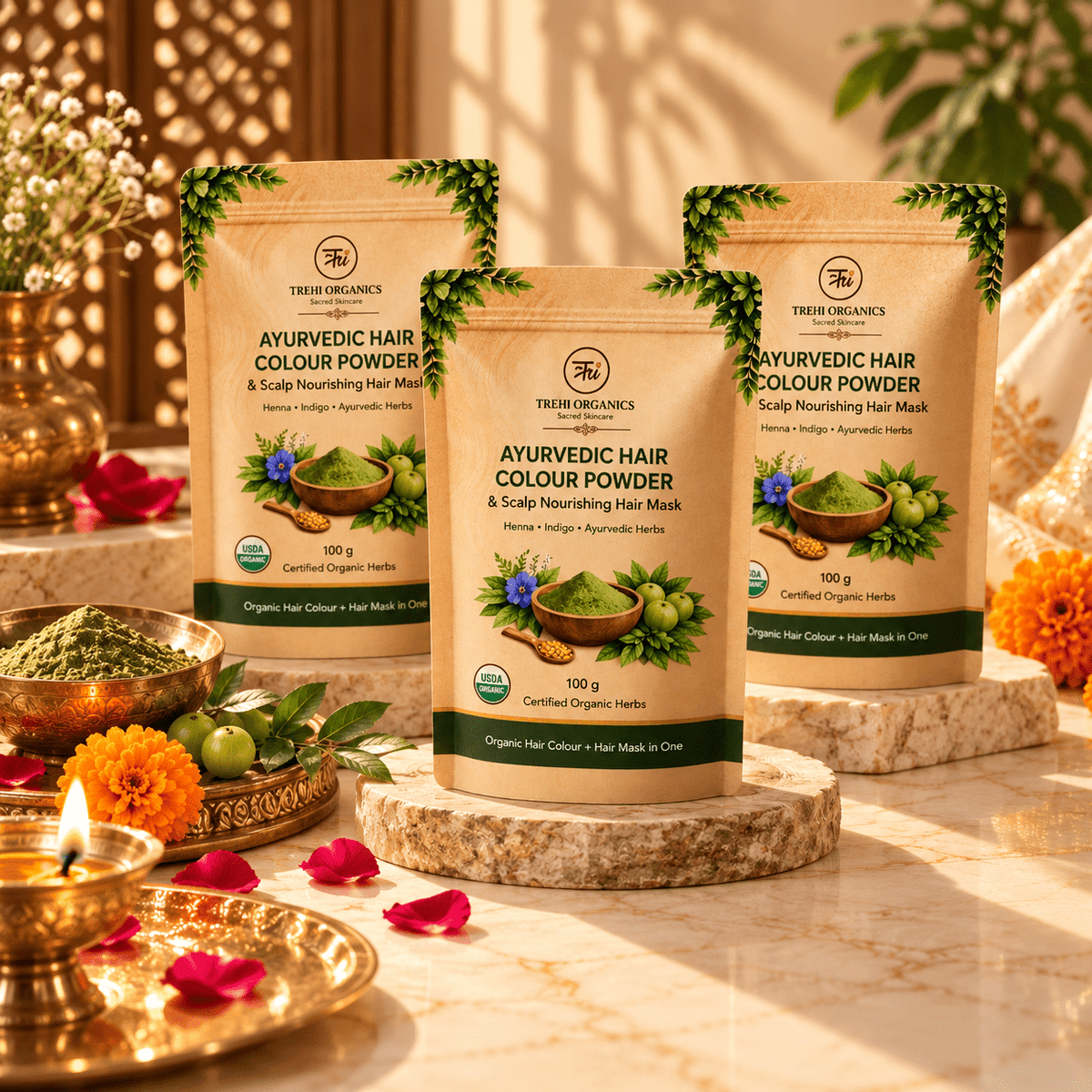 Ayurvedic Scalp Nourishing Hair Mask with Soft Natural Hair Colour – Pack of 3 - Trehi Organics