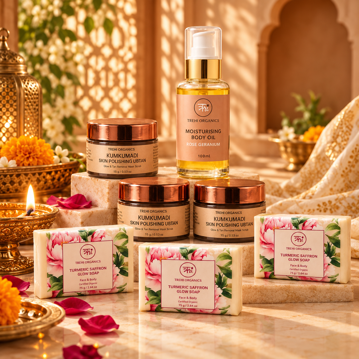 Body Glow Bath Ritual – Body Oil 100 ml + Ubtan ×3 + Turmeric Saffron Soap ×3 - Trehi Organics