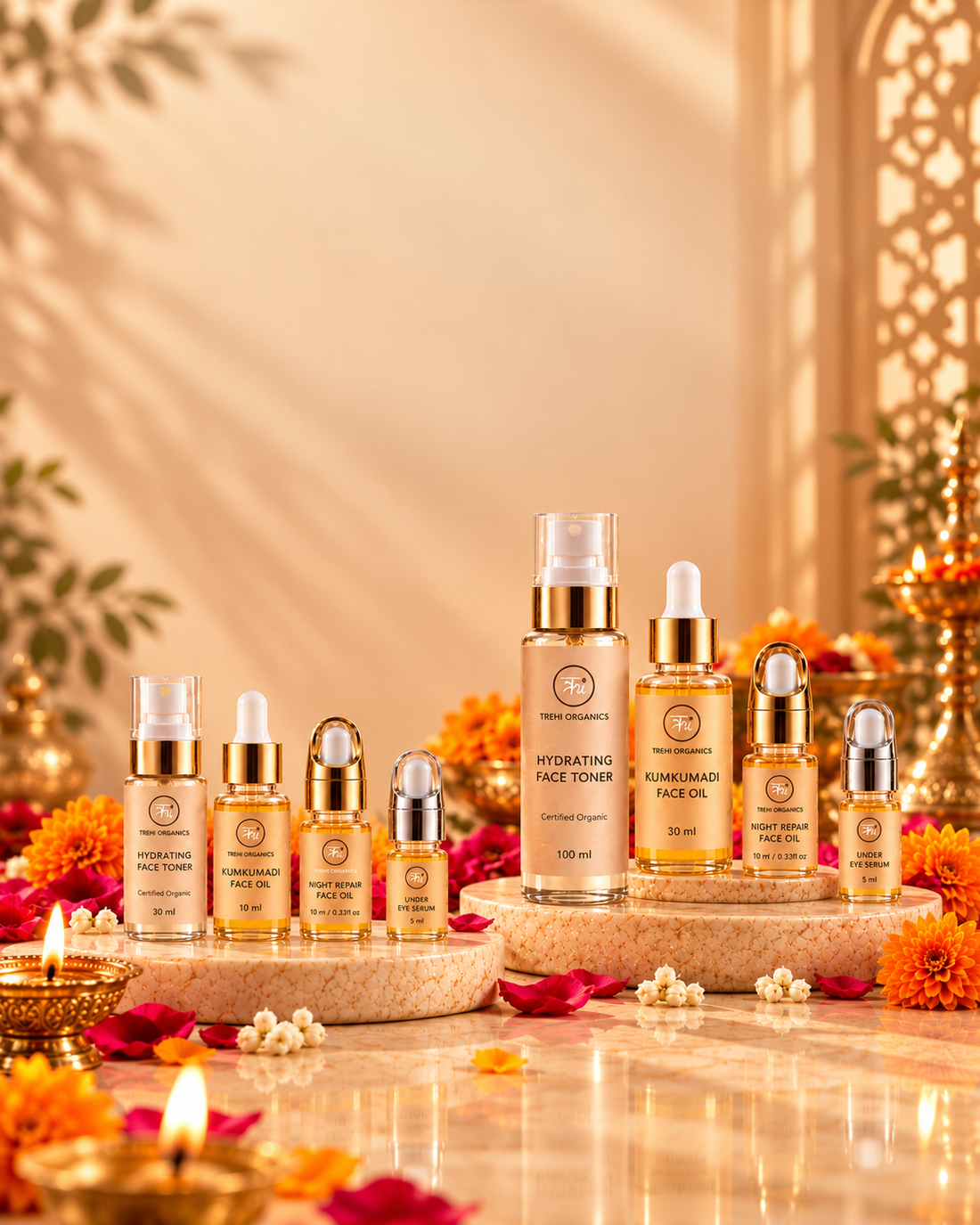 Trehi Organics Diwali ritual kits with diyas and marigolds