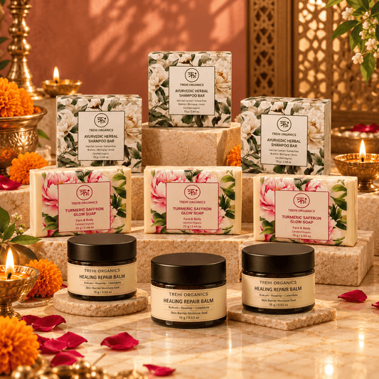 Family Diwali Hamper – Shampoo Bar ×3 + Turmeric Saffron Soap ×3 + Healing Repair Balm ×3 - Trehi Organics
