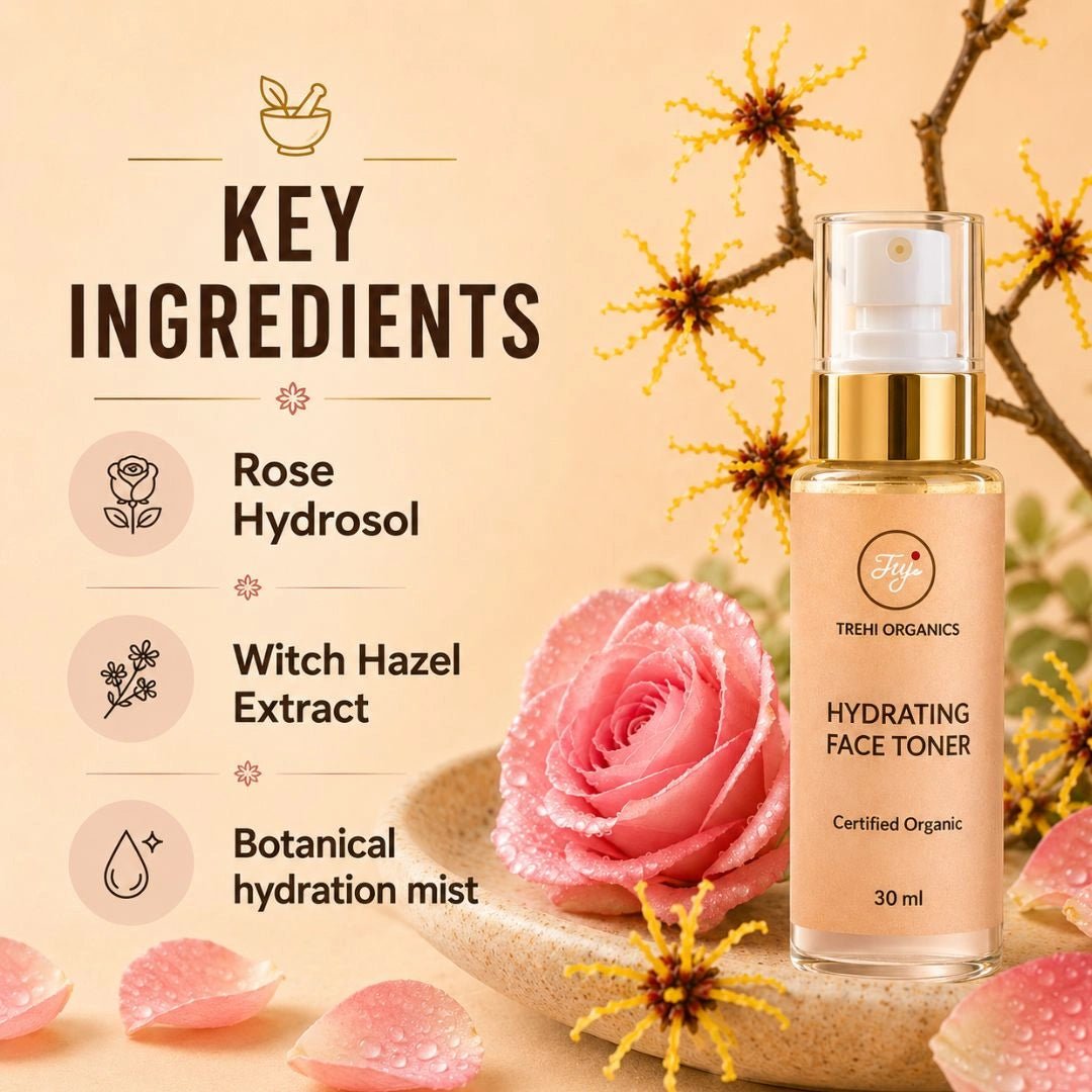 Rose & Witch Hazel Hydrating Face Toner – Alcohol-Free Cooling Face Mist for Summer, Sensitive Skin & Face Yoga Prep - Trehi Organics
