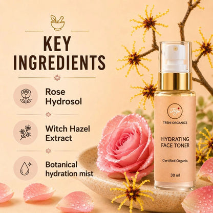Rose & Witch Hazel Hydrating Face Toner – Alcohol-Free Cooling Face Mist for Summer, Sensitive Skin & Face Yoga Prep - Trehi Organics