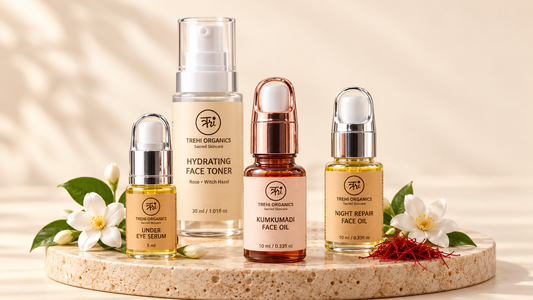 Trehi Organics Face Glow Ritual Kit: under-eye serum, hydrating face toner, Kumkumadi face oil, Night Repair face oil